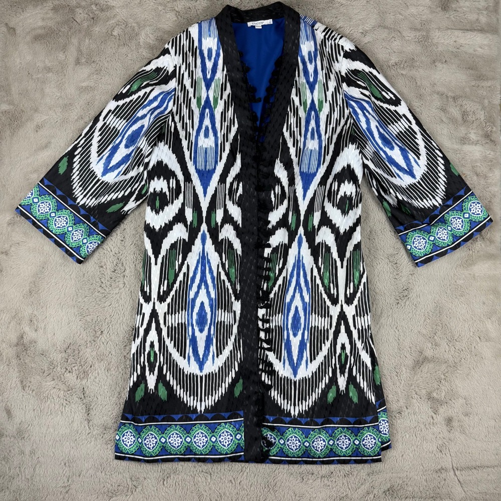 Chico's Bordered Tassel Ikat Kimono Bohemian‎ Print Cover Up Duster XL Vacation